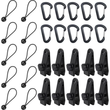 Lot de 30 pinces à bâche, crochets de tente, clips pour auvents, tendeurs élastiques, cordons à boule pour bâches, auvents, bannières et bateaux (1/5)