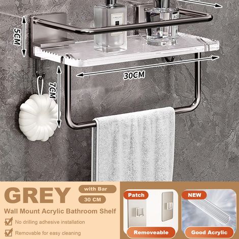 Étagère de salle de bain d'angle en acrylique gris (30 cm avec barre), avec crochets pour serviettes, fixation murale sans perçage, en aluminium spatial. (1/5)