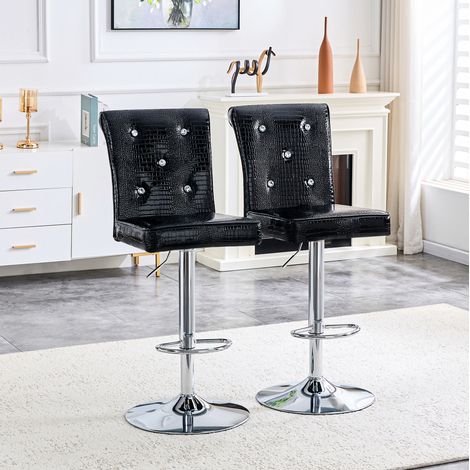 Chaise de bar en PVC noire avec détails bouton cristal et effet cuir crocodile,55×42×125cm (1/5)