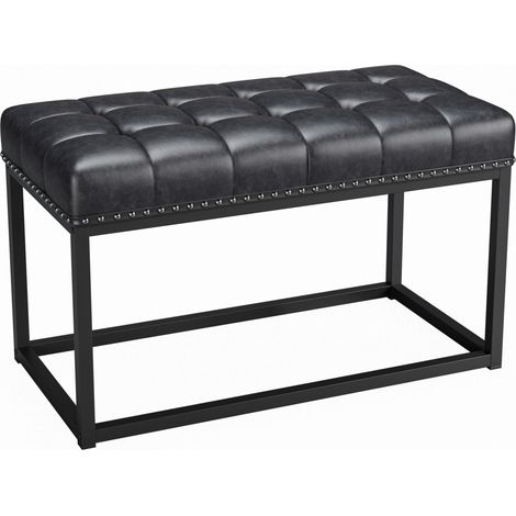 Banco acolchado vintage de 90 cm en polipiel negra con botones y estructura de metal MODENUIT (1/5)