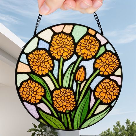 15 cm Attrape-soleil vitrail fleurs sauvages coucher de soleil suspendu, décoration maison, cadeau maman (1/5)