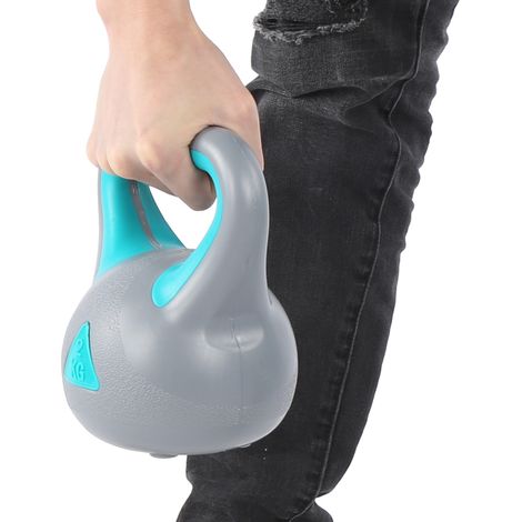 Kettlebell de fitness bicolore 2 kg, prise large, gris-vert, pour l'entraînement de la force des bras. (1/5)