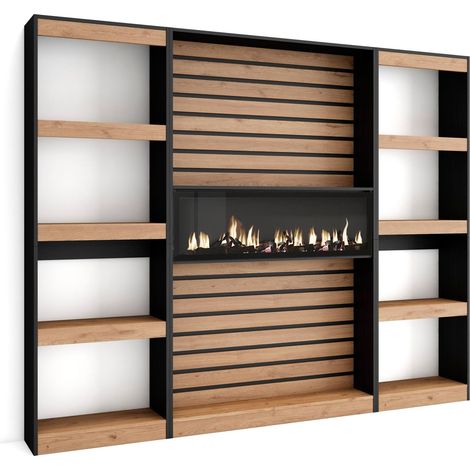 Skraut Home - Bücherregal Bibliothek, Bookshelf, Bookcase, 230x186x25cm, Wohnzimmer, Esszimmer, Büro, Elektrokamin, Moderner Stil, Eiche Schwarz (1/5)