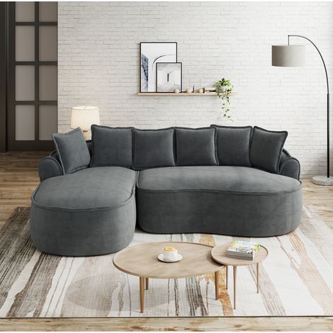 Canapé modulable Chenille Grau, rahmenlos, mit Chaiselongue, extra tiefer Sitzfläche und breiten Armlehnen (1/5)