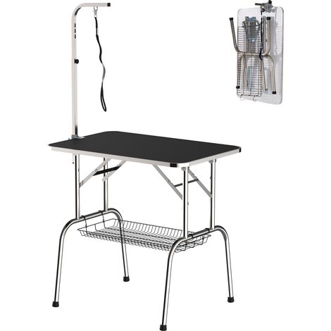 Tavolo da toelettatura pieghevole 90x60x75 cm in acciaio inox nero con cestino - CHICFURN (1/5)