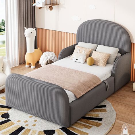 Letto imbottito per bambini 90x200 con contenitore idraulico, velluto grigio, OKWISH (1/5)