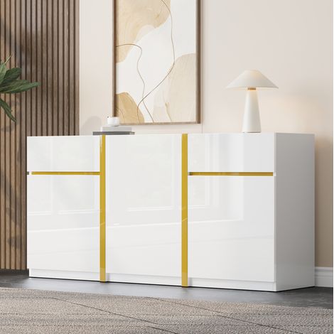 Buffet 160 x 40 x 78 cm blanc brillant, 3 portes et 2 tiroirs HAVRYA (1/5)