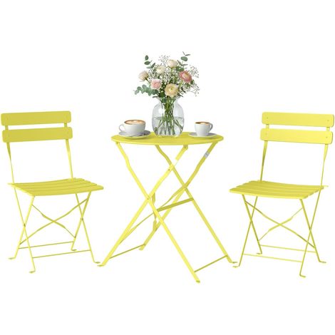 Ensemble Bistrot de Jardin 3 Pièces san Montage - Table et 2 Chaises Pliantes à Lattes en Métal avec Double Protection Antirouille - Mobilier de Balcon et Terrasse Chic, Jaune (1/5)