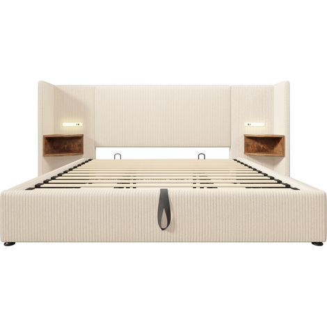 CAIziLit double rembourré 180×200 avec table de chevet, lampe de lecture et charge USB Type-C, lit avec rangement, cadre de lit avec sommier à lattes en bois massif et métal, beige-blanc, tissu côtelé (1/5)