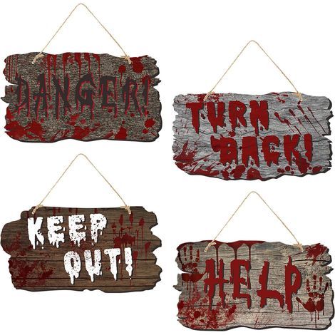 Lot de 4 Décorations Halloween,Panneau papier sanglant,Accessoire porte effrayante,Maison hantée (1/5)