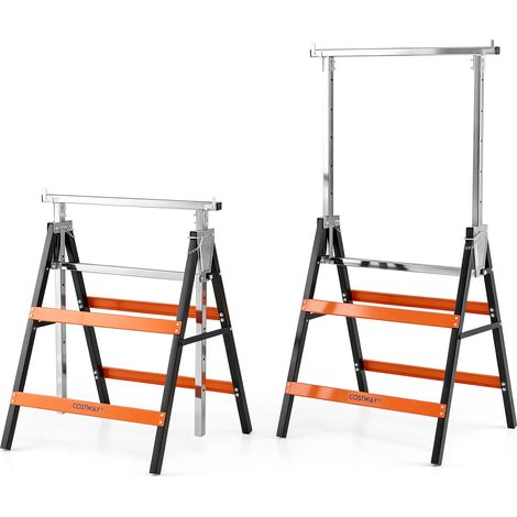 Lot de 2 Tréteaux Métalliques Pliables, 69 x 56 x 80-130 cm Chevalets de Sciage Télescopiques, Hauteur Réglable sur 6 Niveaux, pour Bricolage, Orange (1/5)