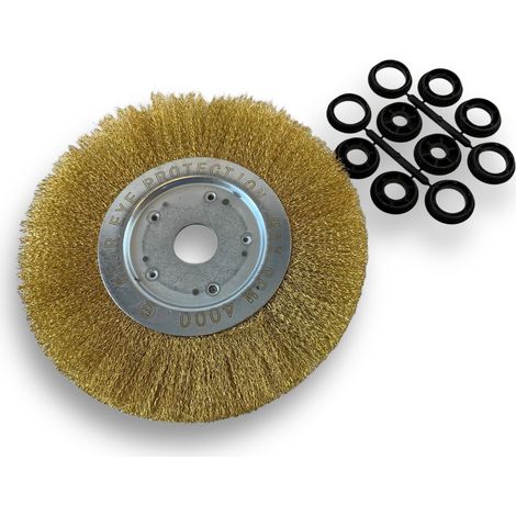 Brosse circulaire LAITON Ø 250 mm Epaisseur 1 rang Fil dur 0.30 mm ondulé Alésage 32 mm + réducteur bague 25/22/20/16/12 mm Touret meuleuse affûteuse ponceuse Kibros 211251LT