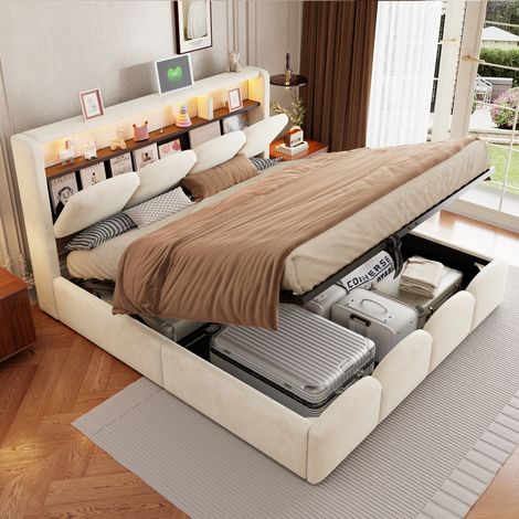 Lit coffre 140x200 cm, rangement hydraulique et tête de lit avec rangements, LED, USB et USB-C, velours, beige (1/5)