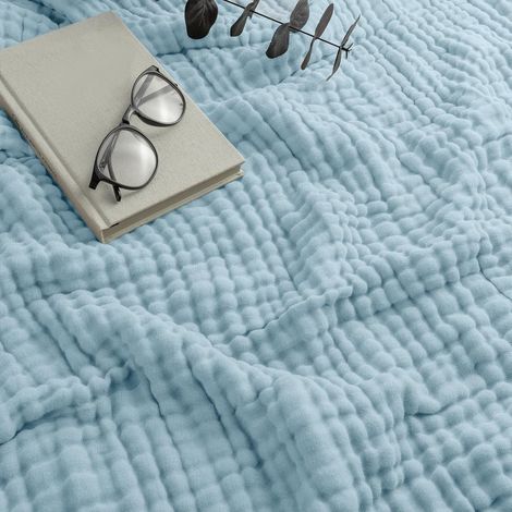 Couverture Mousseline de Coton 100%, 150 x 200 cm Plaid Gaze de Coton Adulte, Couverture Légère Été, Jeté de Canapé, Blanket, Couvre Lit 1 Personne, Plaid Canapé Grande Taille Coton (Bleu Ciel) (1/5)
