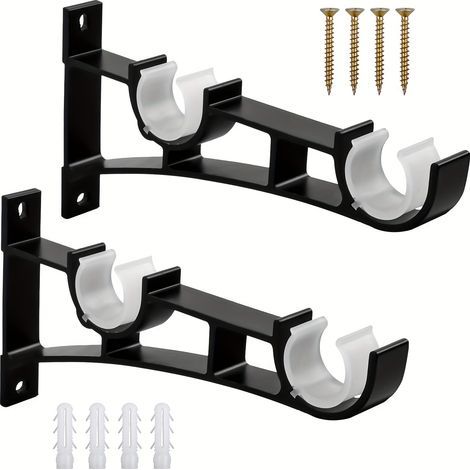 Set mit 2 Metall-Gardinenstangenhalterungen – Doppelhaken, Schrauben – Tragkraft bis 50 kg, rostbeständig und langlebig, schwarz (1/5)