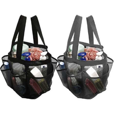 Lot de 2 sacs de douche en maille à séchage rapide, 8 poches, organiseur de bain avec 2 poignées de suspension pour plage, camping, dortoir, salle de bain et voyage – Gris et noir