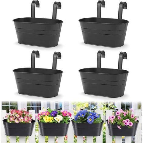 4 Pièces Pots de Fleurs Suspendus en Métal, 27.5CM Grands Pots de Plantes Seau à Fleurs Suspendu avec Crochet Amovible pour Balcon Clôture Jardin Maison Décor (Noir) (1/4)