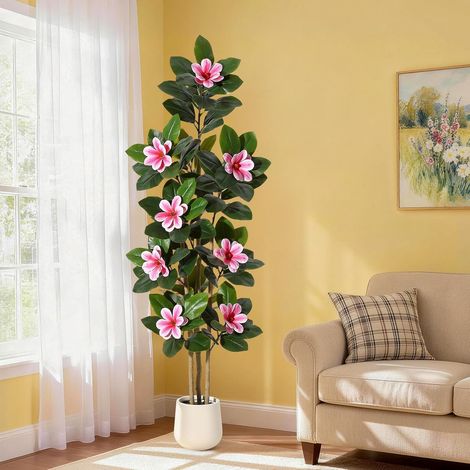 Arbre Ficus Faux 182 cm  Plante Artificielle Intérieur Feuilles Toucher Réel & Troncs Multiples  Pot Fausse Plante Avec Fleurs Blanches Pour Décoration Maison Bureau Salon (1/5)