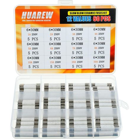 12 Values 60pcs 6x30mm 1A 2A 3A 4A 5A 6A 7A 8A 10A 15A 20A 30A 250V Slow Blow Ceramic Tube Fuse Classification Kit (1/4)