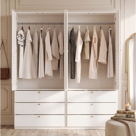 Armoire 4 portes avec 6 tiroirs et 2 tringles, 180 x 50 x 200 cm, en panneau de particules blanc, portes persiennes, rangement pour chambre moderne - CHICFURN (1/5)