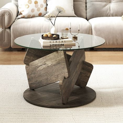 Table Basse Ronde en Verre Table Centrale Moderne de 81 cm avec Plateau en Verre Trempé Transparent Pieds en Bois Massif Gris (1/3)