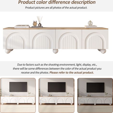 Meuble TV Blanc et bois 180x40x45 cm avec 4 portes cintrées,6 pieds en métal à boule,buffet bas et table TV Moderne