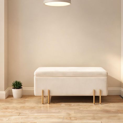 Pouf beige en velours bois 100 x 40 x 42 cm (1/5)