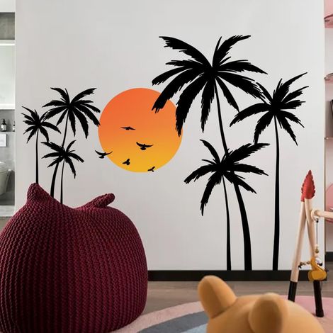 Stickers Muraux Palmier Arbre Grand Autocollants Muraux Mural StickersArbre Plantes Tropicales Oiseaux pour Fenêtre Chambre Salon Mur TV,Noir (1/5)