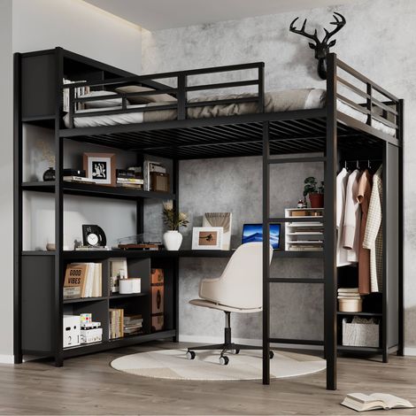 Lit mezzanine 140x200 cm avec sommier à lattes inclus, bureau, armoire et rangements intégrés, structure métal et bois noir, sans matelas (1/5)
