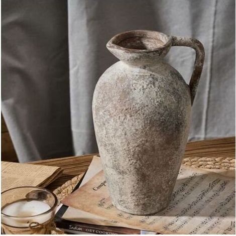 Vase céramique antique 24 cm en terre cuite avec poignée, design vieilli gris, décoration bohème intérieure (1/5)