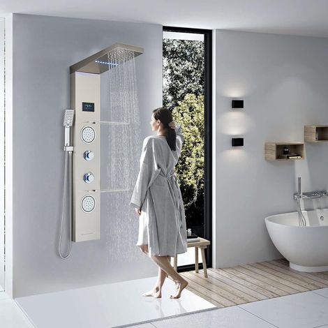 Suguword – Colonne de douche hydromassante 5 fonctions – Acier inoxydable 304 brossé – Jets massants réglables – Écran LED température (1/5)