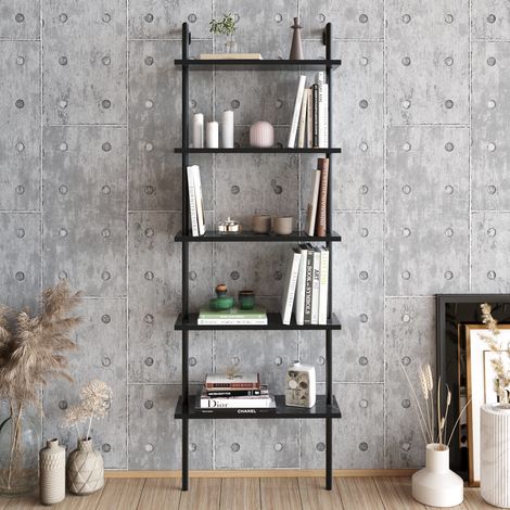 Étagère bibliothèque murale paula 174 cm 5 étagères en métal et bois design escalier moderne et gain de place (effet marbre noir et noir) (1/5)