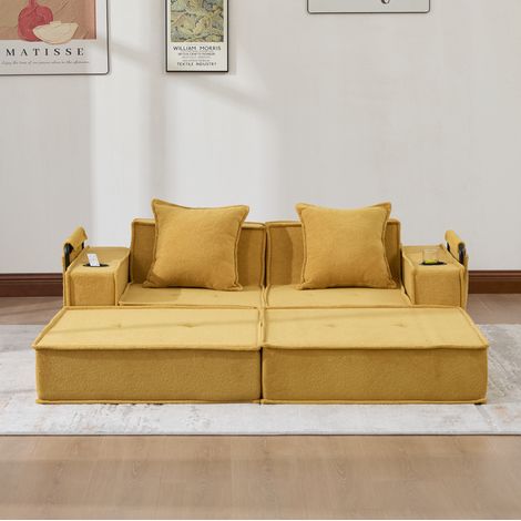 Divano letto 2 posti in ciniglia con 2 cuscini, giallo senape DESVIAE (1/5)