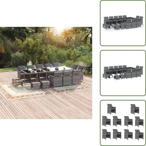 The Living Store 15-tlg. Garten-Essgruppe mit Kissen Poly Rattan Grau - Gartenmöbel (1/5)