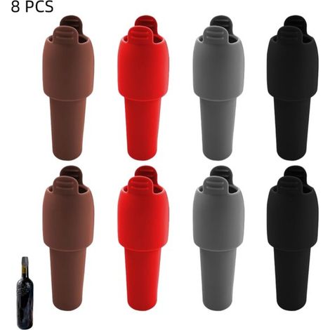 Paquete de 8 tapones de silicona para botellas de vino y champán, selladores a prueba de fugas, 8 x 2,8 cm, rojo, negro, gris y marrón. (1/5)