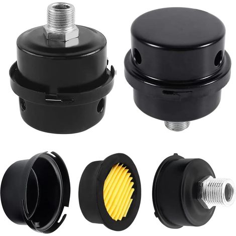 Silencieux de Filtre à Air Compresseur 2 Pièces, Filtre à Air Comprimé 3/8'' 16mm pour Compresseur d'Air et Chaudières, Métal Noir, Réduction du Bruit (1/5)