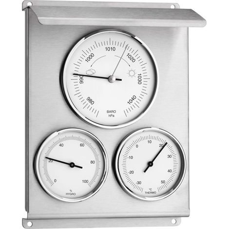 TFA Dostmann Stazione meteorologica analogica per esterni, 20.2010.60, con barometro, igrometro e termometro, in acciaio inox, resistente alle intemperie, argento