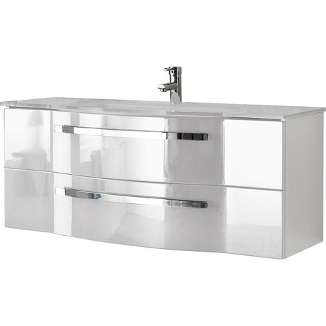 Großer Waschtisch mit Glasbecken FES-4005-66 Hochglanz Lack Polarweiß, 2 Soft-Close-Schubladen - B/H/T: 117/49,7/49,1cm (1/4)
