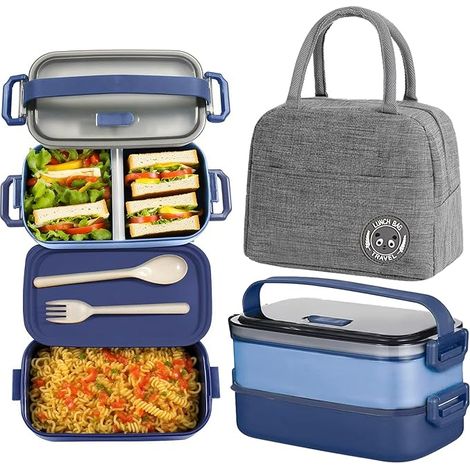 Bento Lunch Box Kit, 1600ml 2 Etages Boite Repas avec Sac Isotherme Repas, Hermétique Botes Bento pour Pique Nique, Travail, Goter, Ecole, Bote à Lunch Micro Ondable(Bleu) (1/5)