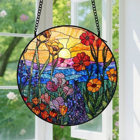 9cm Suspension en vitrail - Attrape-soleil artistique élégant unique, décoration maison fenêtre, cadeau Fête des Mères, Anniversaire pour femme, homme (1/5)
