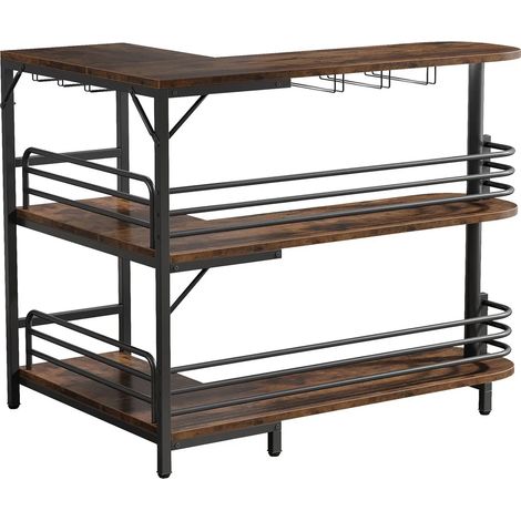 Bar d'angle L avec 3 étagères, table à boissons multifonction en bois et métal (1/5)