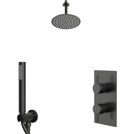 Colore Round Gunmetal Grey Concealed Triple Thermostatic Shower Valve with Diverter and 200mm Fixed Head with 150mm Ceiling Arm and Outlet Holder with Kit - 2 Outlet (1/5)