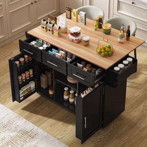 Carrello da cucina mobile 139x46x91,5 cm - Grande isola da cucina con piano estensibile e vano portaoggetti - Nero e legno naturale (1/5)