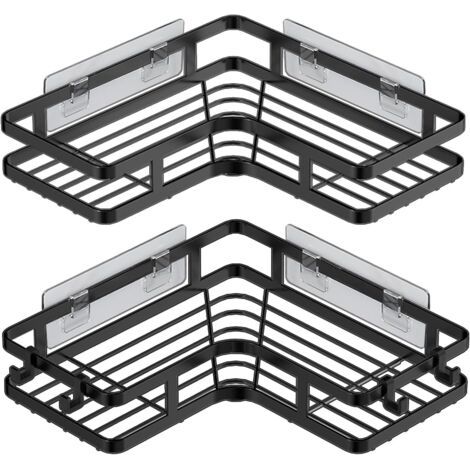 Etagere Douche Sans Percage d'angle, 2 Pièces Etagere Rangement Salle De Bain Douche Angle avec 4 Crochets, Support Gel Douche Salle De Bain, Porte Shampoing Douche. (1/5)