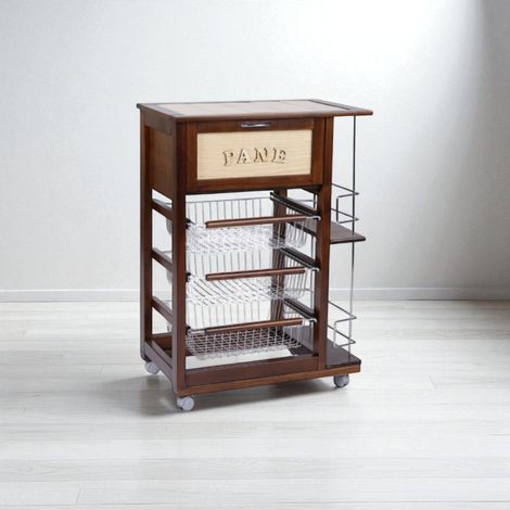 Carrello portapane con portabottiglie e cesti portafrutta Noce (1/5)
