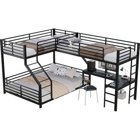 Lit mezzanine triple en métal noir avec bureau intégré, prise USB-C, 3 couchages 90x200 et 140x200, EN747 (1/4)