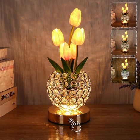 Lampe de table en cristal tulipe rose avec variateur tactile, éclairage 3 couleurs et diffuseur d'huiles essentielles, idée cadeau, 3 modes, plusieurs modes d’éclairage (1/5)