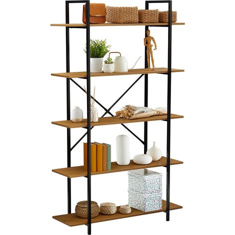 Idimex – Étagères MEDA 5 étagères en métal noir et mélaminé chêne sauvage – Style industriel – Dimensions 178 x 106 x 34 cm (H x L x P) (1/4)