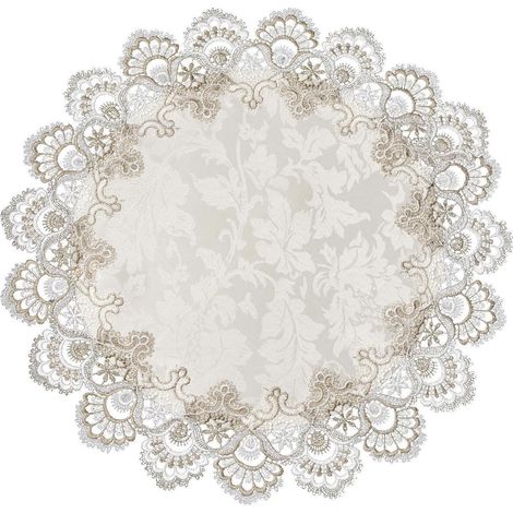 Rundes Jacquard Tischset mit Spitze, 60 cm, Kakao-Weiß