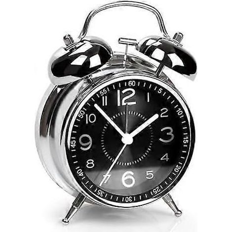 Réveil à double sonnerie extra-bruyante, conçu pour les gros dormeurs - Réveil à quartz rétro silencieux sans tic-tac avec rétroéclairage et cadran lumineux, réveil de chevet (noir). (1/5)